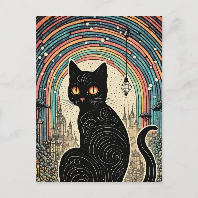 Cute Black Cat with Rainbow in the City Postcard (Front)