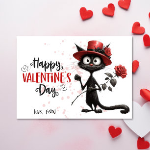 Cute Black Cat With Red Hat Happy Valentines Day  Holiday Card