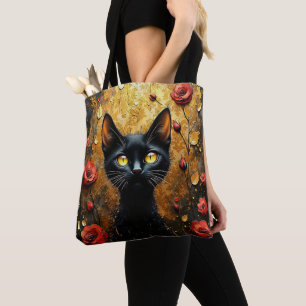 Cute Black Cat With Red Roses Tote Bag