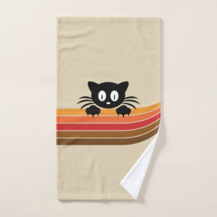 Cute black cat with retro stripes  bath towel set