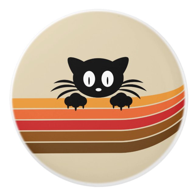 Cute black cat with retro stripes ceramic knob (Front)