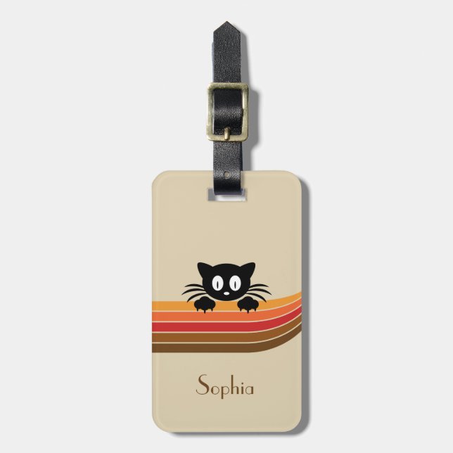 Cute black cat with retro stripes luggage tag (Front Vertical)