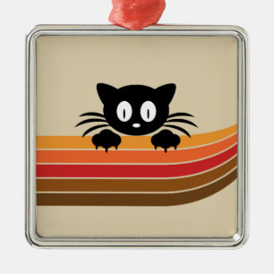 Cute black cat with retro stripes metal ornament