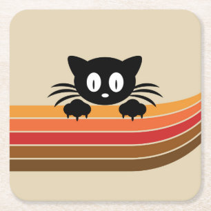 Cute black cat with retro stripes  square paper coaster