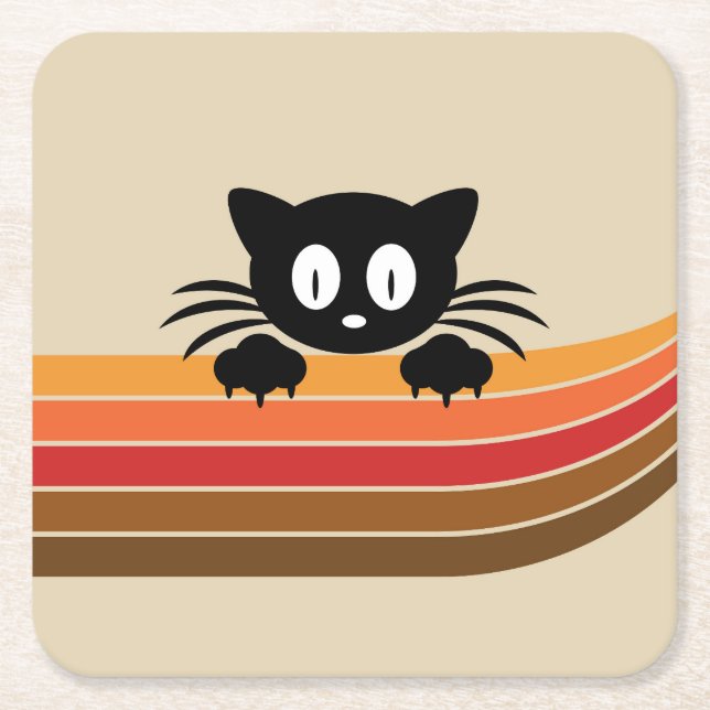 Cute black cat with retro stripes  square paper coaster (Front)