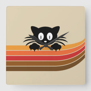 Cute black cat with retro stripes square wall clock