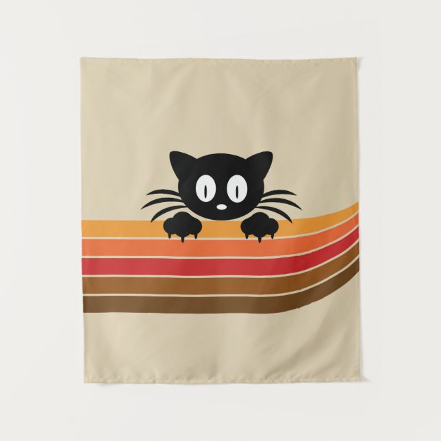 Cute black cat with retro stripes tapestry (Front)