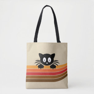 Cute black cat with retro stripes tote bag