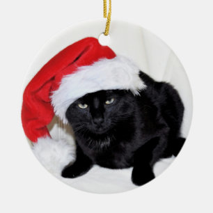 Cute Black Cat with Santa Hat Ceramic Ornament