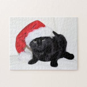 Cute Black Cat with Santa Hat Jigsaw Puzzle