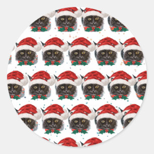 Cute Black Cat with Santa Hat on Christmas Classic Round Sticker