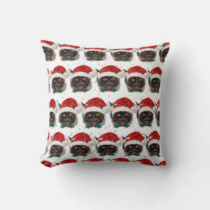 Cute Black Cat with Santa Hat on Christmas Cushion