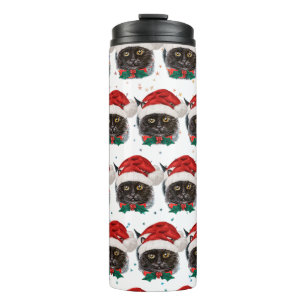 Cute Black Cat with Santa Hat on Christmas Thermal Tumbler