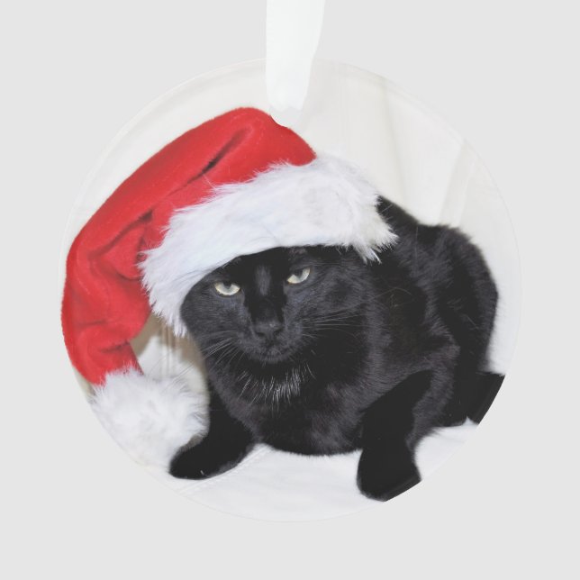 Cute Black Cat with Santa Hat Ornament (Front)