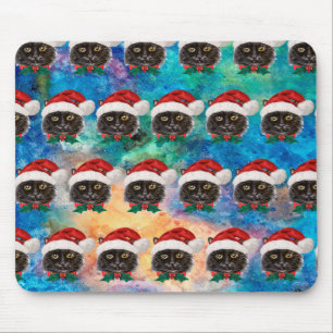 Cute Black Cat with Santa Hat Pattern Mouse Pad