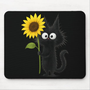 Cute Black Cat with Sunflower Adorable Nature Mouse Pad