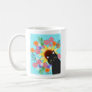 Cute Black cat with Sunflower bright floral custom Coffee Mug