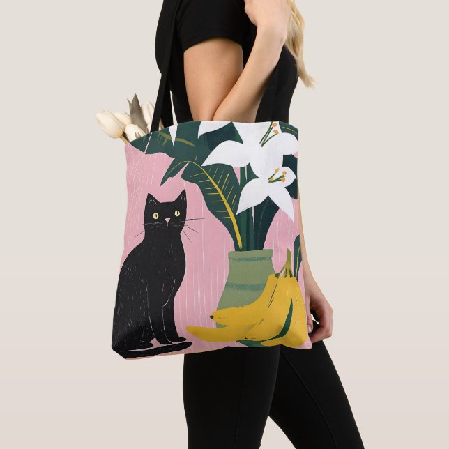 Cute Black cat with White Flower Tote Bag (Close Up)