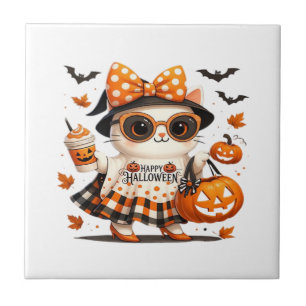 Cute Black Cat with Witch Hat � Kawaii Halloween A Ceramic Tile