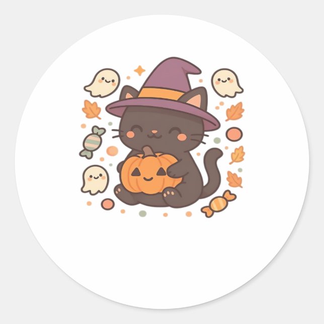 Cute Black Cat with Witch Hat – Kawaii Halloween A Classic Round Sticker (Front)