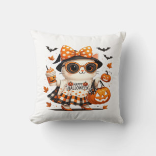 Cute Black Cat with Witch Hat � Kawaii Halloween A Cushion