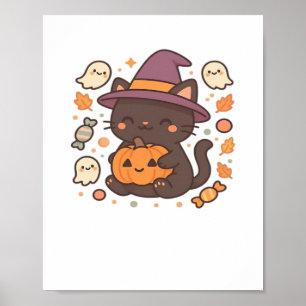Cute Black Cat with Witch Hat – Kawaii Halloween A Poster