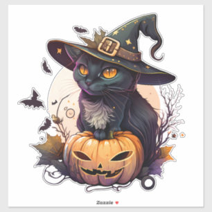 Cute Black Cat with Wizards Hat Pumpkin and Bats
