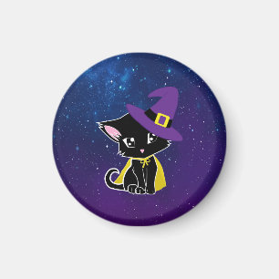 Cute Black Cat Wizard Under the Stars Keychain Magnet