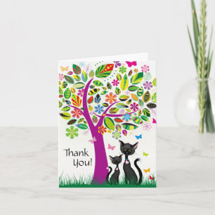 Cute Black Cats and Colourful Flower Tree Thank Thank You Card