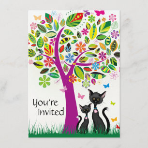 Cute Black Cats and Flower Tree Baby Shower Invitation