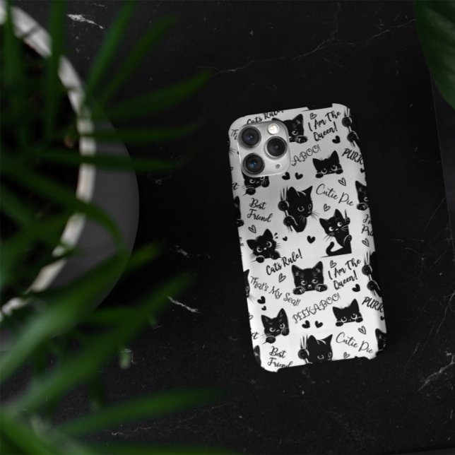 Cute Black Cats and Sayings Pattern Case-Mate iPhone Case (Cute Black Cats and Sayings with Hearts Pattern  for Cat Lovers and Halloween iPhone 15 Pro Max Case)