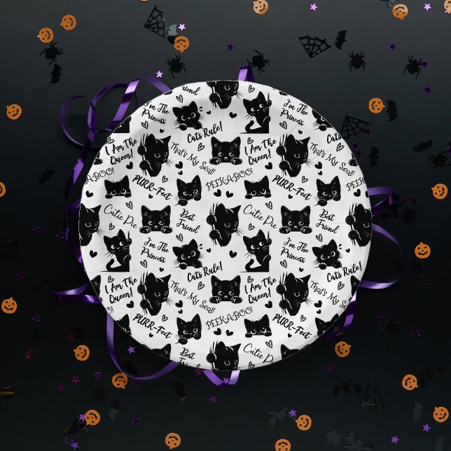 Cute Black Cats and Sayings Pattern Paper Plate (Cute Black Cats and Sayings with Hearts Pattern  for Cat Lovers and Halloween Paper Plates)