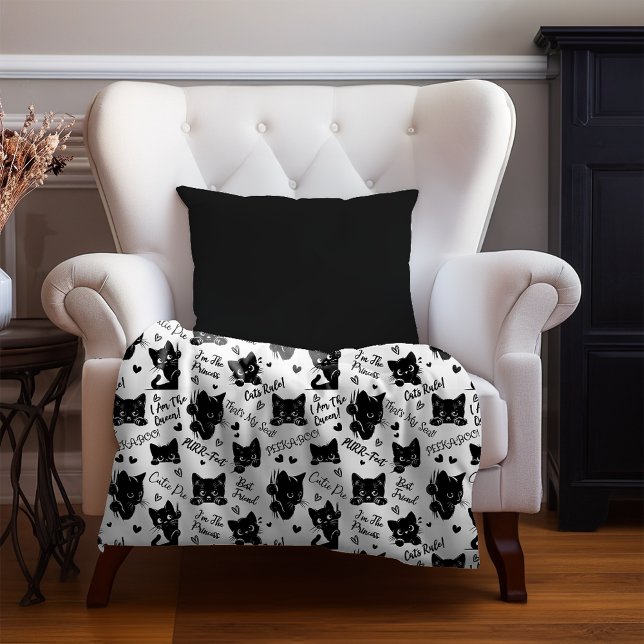 Cute Black Cats and Sayings Pattern Sherpa Blanket (Cute Black Cats and Sayings with Hearts Pattern  for Cat Lovers and Halloween Small Sherpa Blanket)