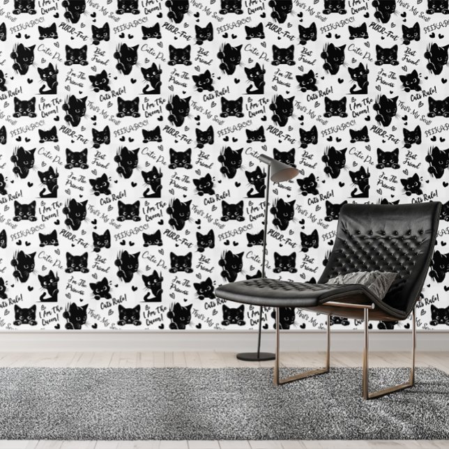 Cute Black Cats and Sayings Pattern Wallpaper (Cute Black Cats and Sayings with Hearts Pattern for Cat Lovers and Halloween Wallpaper)