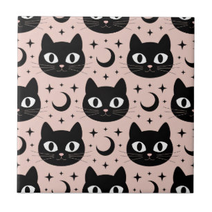 Cute Black Cats & Celestial Halloween Ceramic Tile