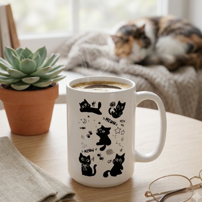 Cute Black Cats Doodles Pattern Kawaii Meow Coffee Mug (Creator Uploaded)