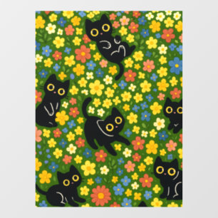 Cute Black Cats Floral Meadow Pattern