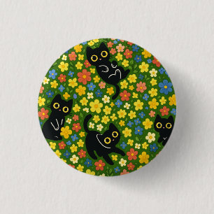Cute Black Cats Floral Meadow Pattern 3 Cm Round Badge