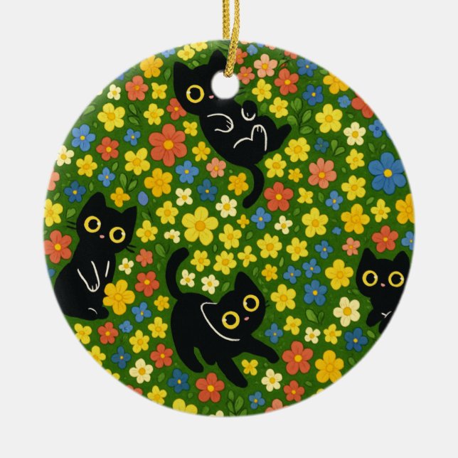 Cute Black Cats Floral Meadow Pattern Ceramic Ornament (Front)