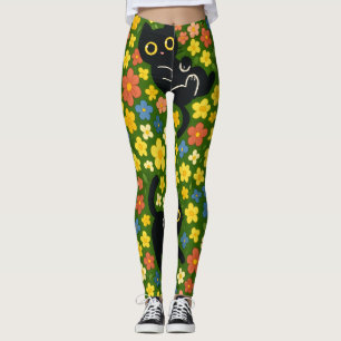 Cute Black Cats Floral Meadow Pattern Leggings