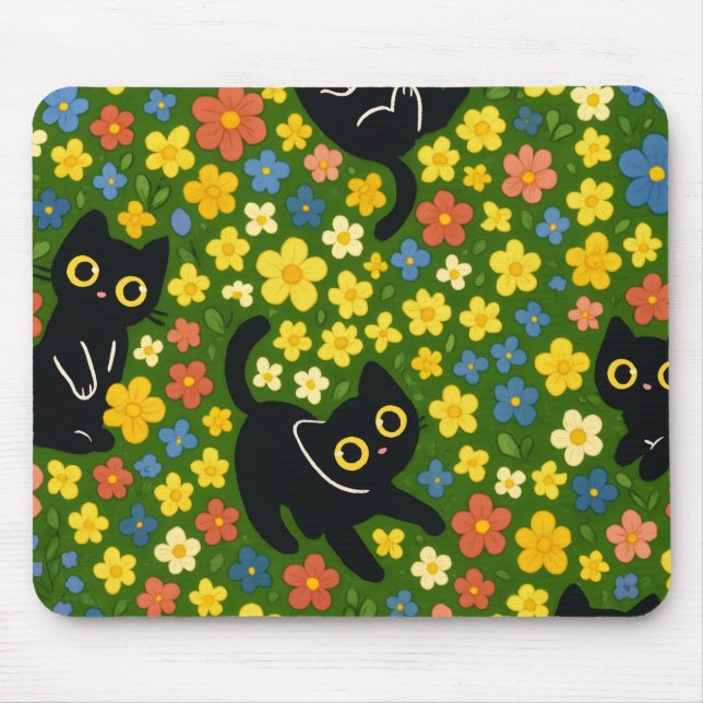 Cute Black Cats Floral Meadow Pattern Mouse Pad (Front)