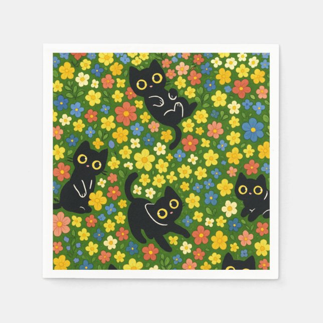 Cute Black Cats Floral Meadow Pattern Napkin (Front)