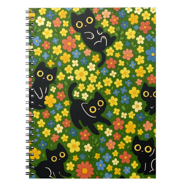 Cute Black Cats Floral Meadow Pattern Notebook (Front)