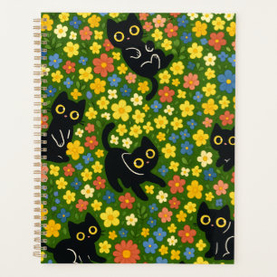 Cute Black Cats Floral Meadow Pattern Planner