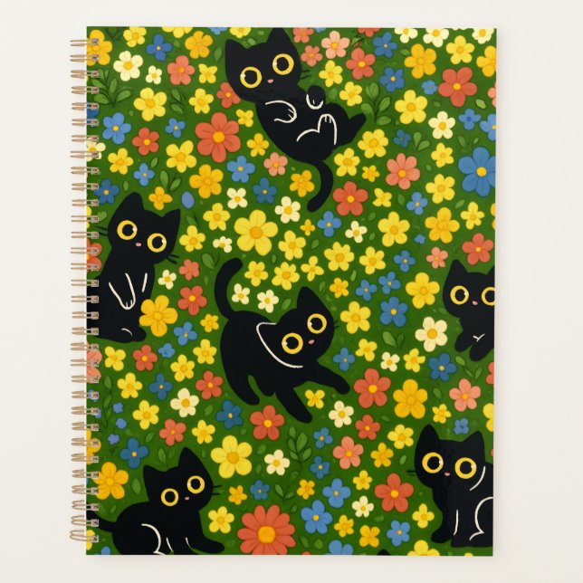 Cute Black Cats Floral Meadow Pattern Planner (Front)