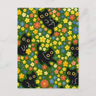 Cute Black Cats Floral Meadow Pattern Postcard