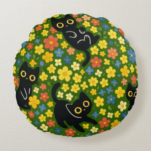 Cute Black Cats Floral Meadow Pattern Round Cushion