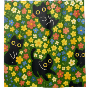 Cute Black Cats Floral Meadow Pattern Shower Curtain