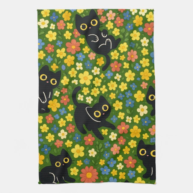 Cute Black Cats Floral Meadow Pattern Tea Towel (Vertical)