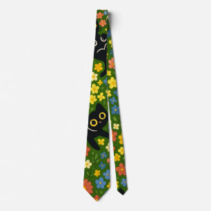 Cute Black Cats Floral Meadow Pattern Tie